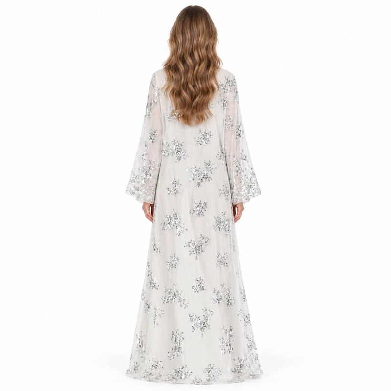 Elegant White Silver Embroidered Sequin Kaftan-4