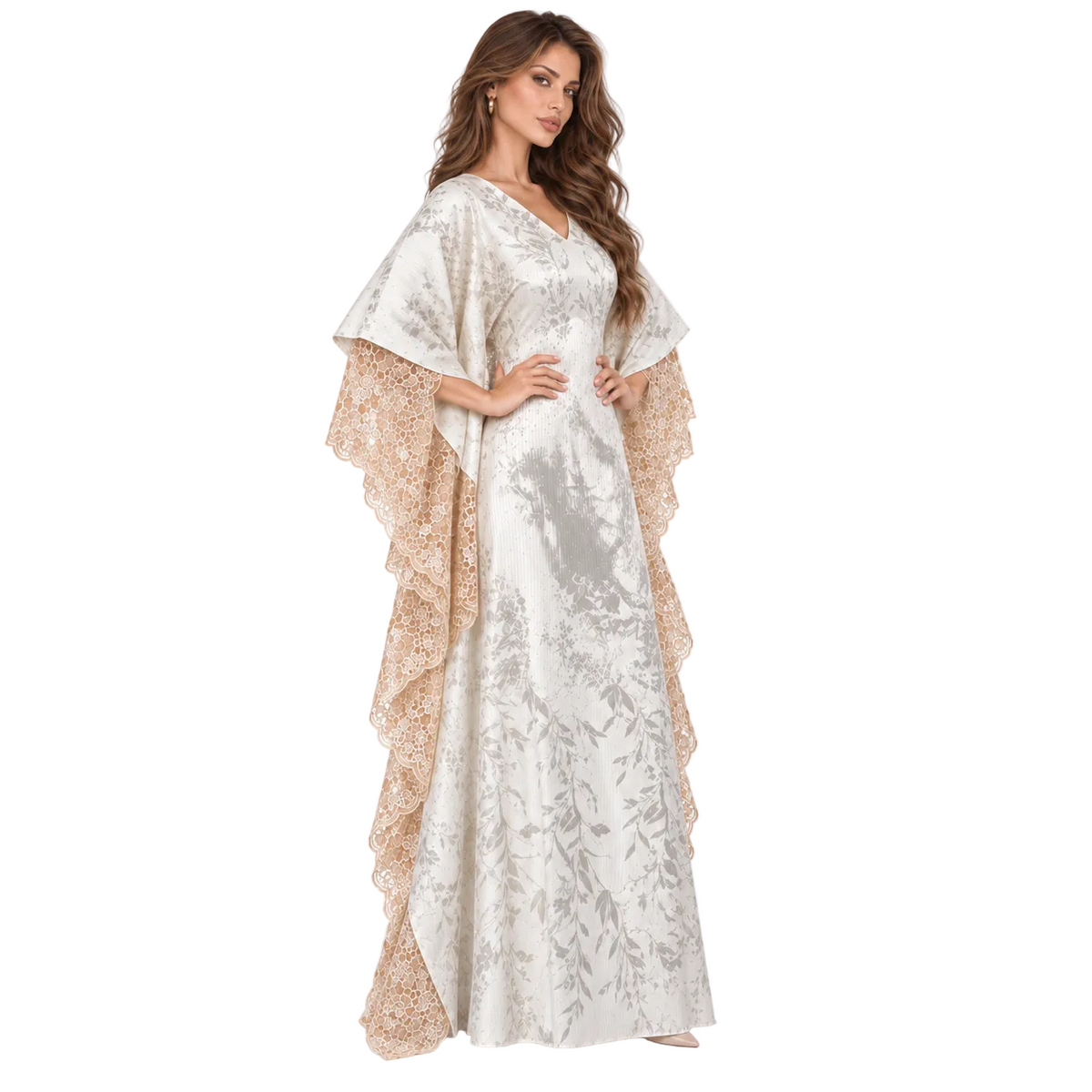 Elegant White Botanical Lace Kaftan Dress-3