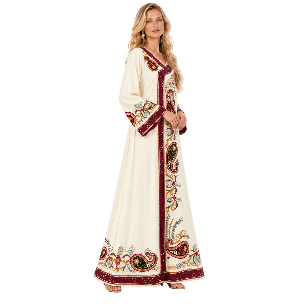 Ivory Paisley Embroidered Gamis Luxury Kaftan-3