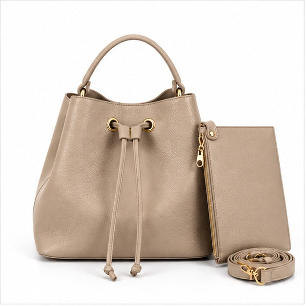 Khaki Drawstring Bucket Handbag Pouch Set-4