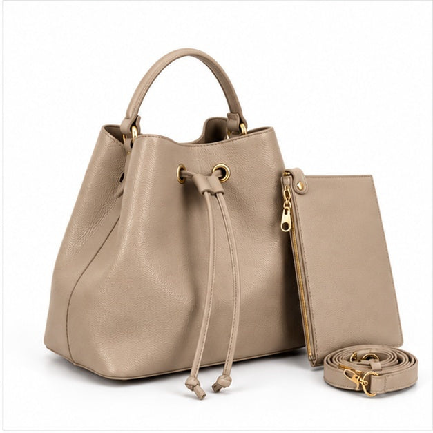 Khaki Drawstring Bucket Handbag Pouch Set-1