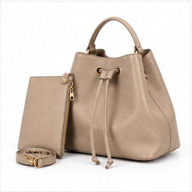 Khaki Drawstring Bucket Handbag Pouch Set-3