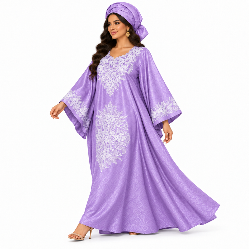 Lavender White Embroidered Luxury Kaftan-3