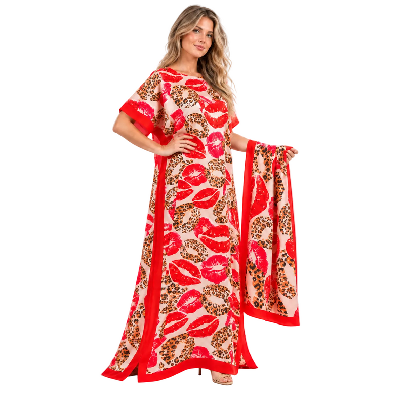 Red Lip Print Silk Satin Kaftan-3