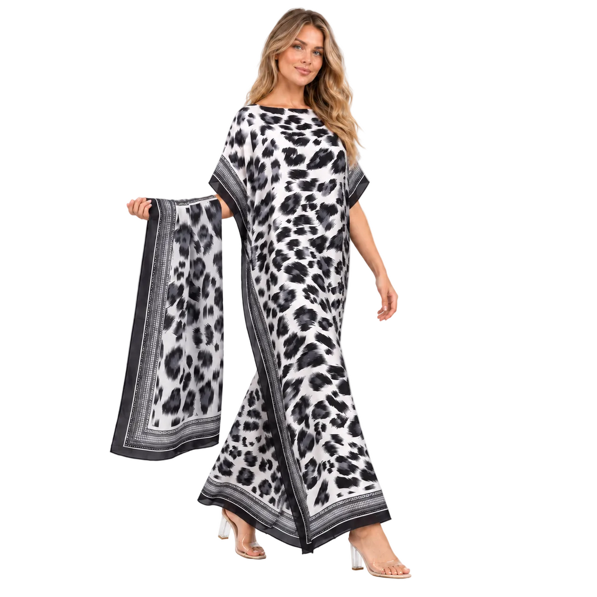 Black White Leopard Silk Satin Kaftan-3