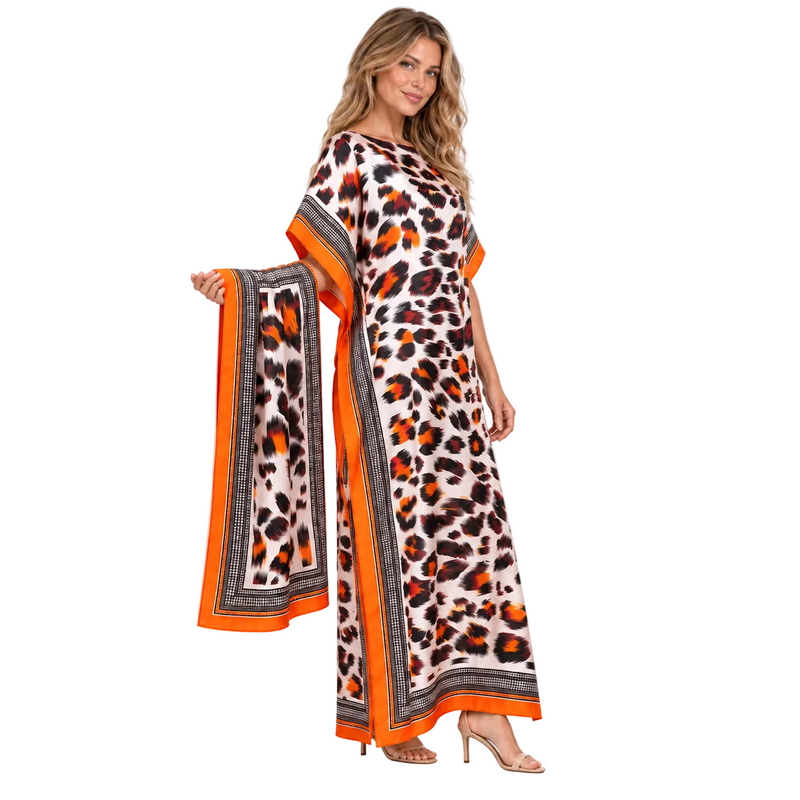 Coral Red Leopard Silk Satin Kaftan-3