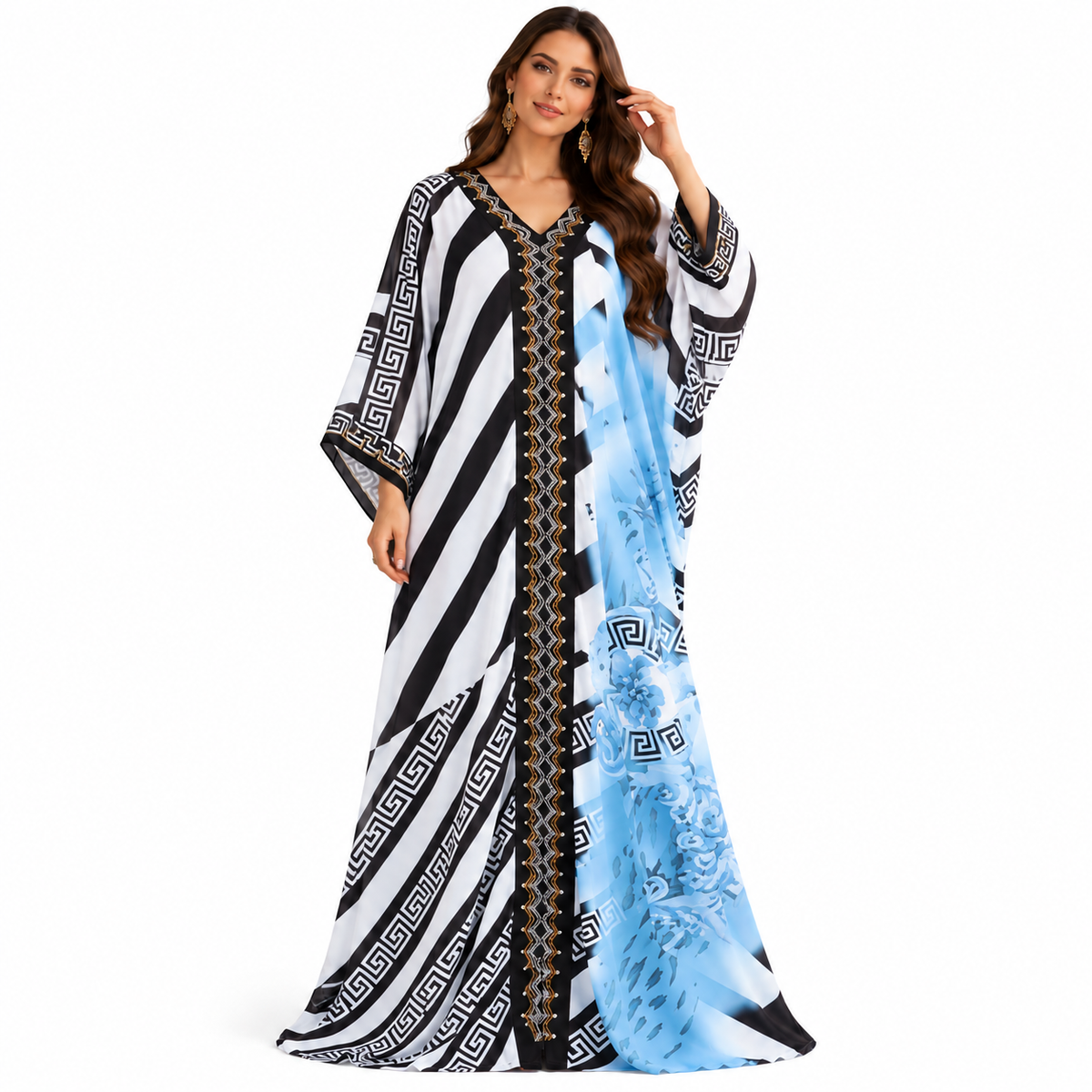 Blue Geometric Floral Luxury Kaftan Dress-1