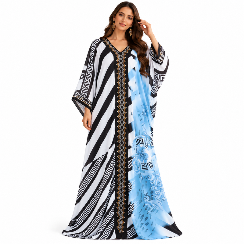 Blue Geometric Floral Luxury Kaftan Dress-1