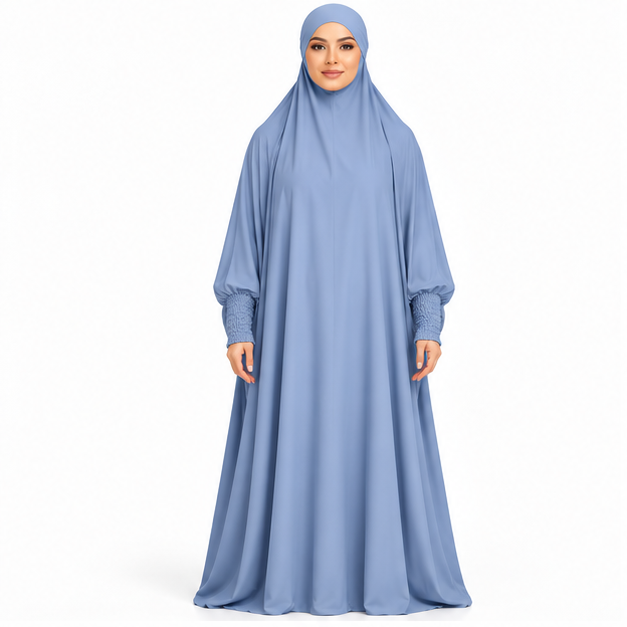 Elegant Sky Blue Jilbab With Ruched Sleeves