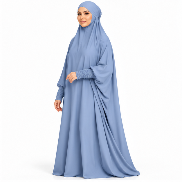 Elegant Sky Blue Jilbab With Ruched Sleeves-2