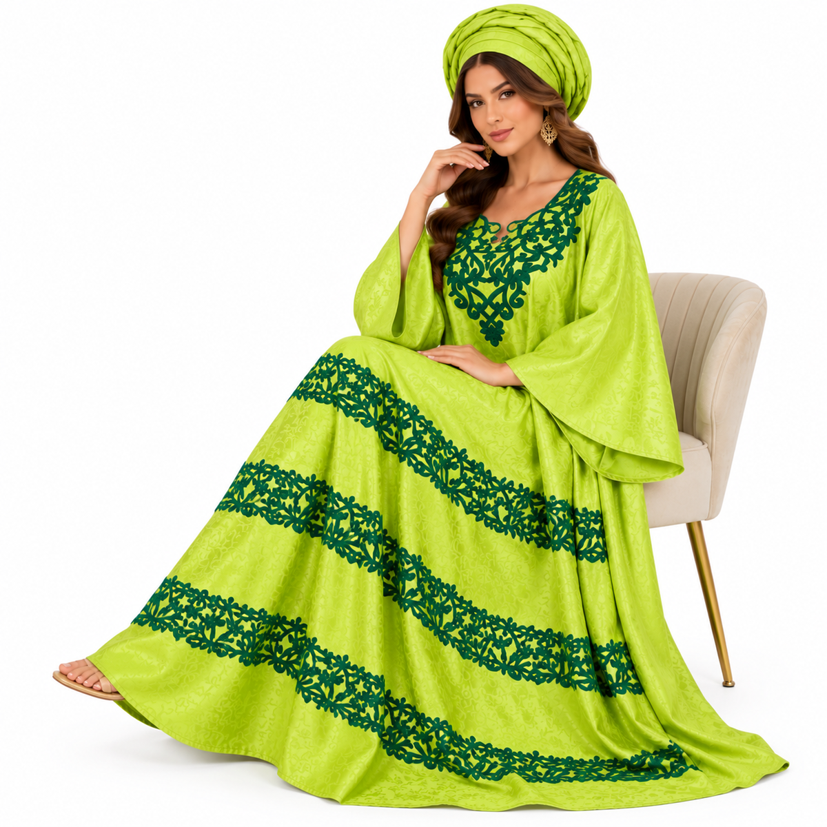Lime Green Embroidered Flowing Women’s Kaftan-2