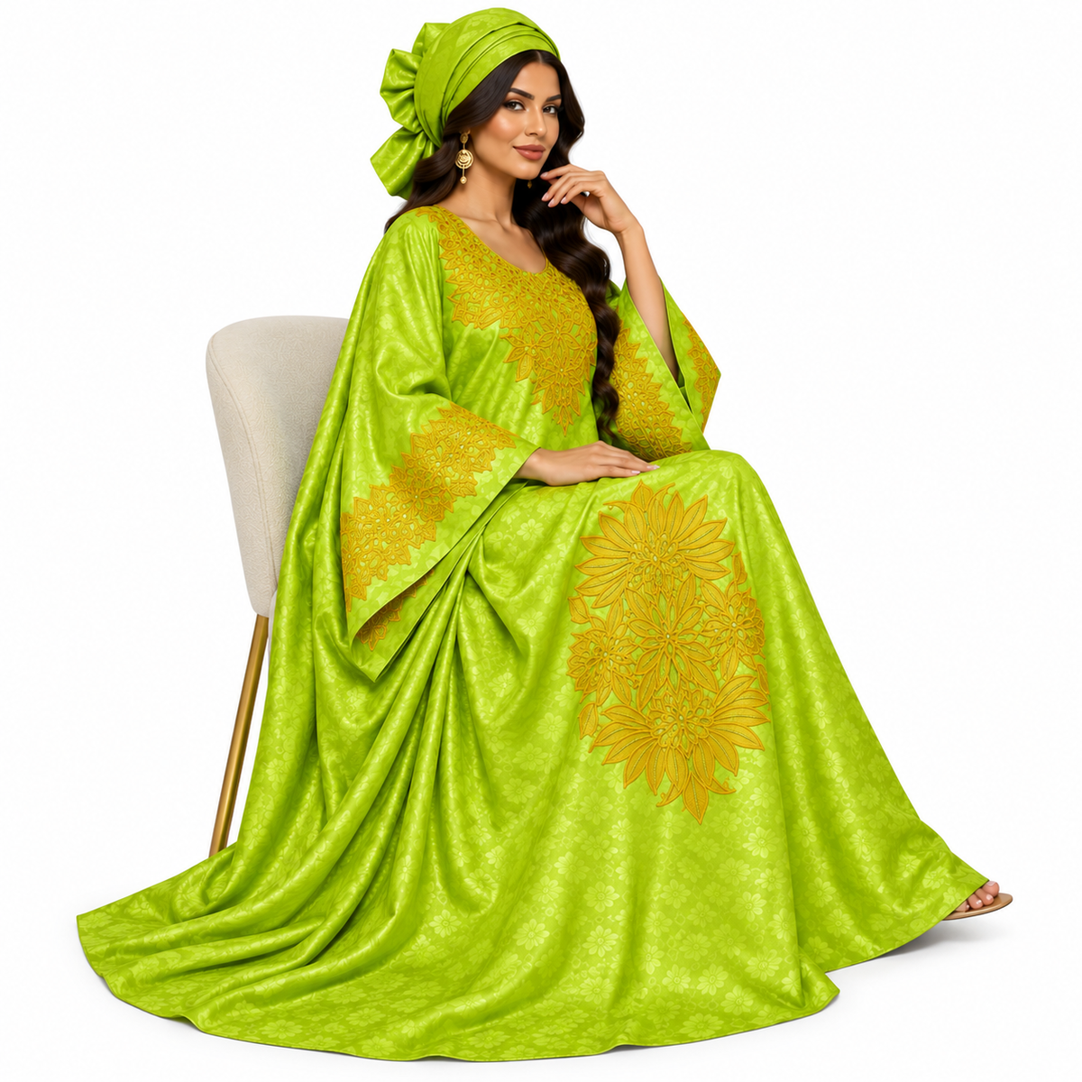 Lime Gold Embroidered Luxury Kaftan-3