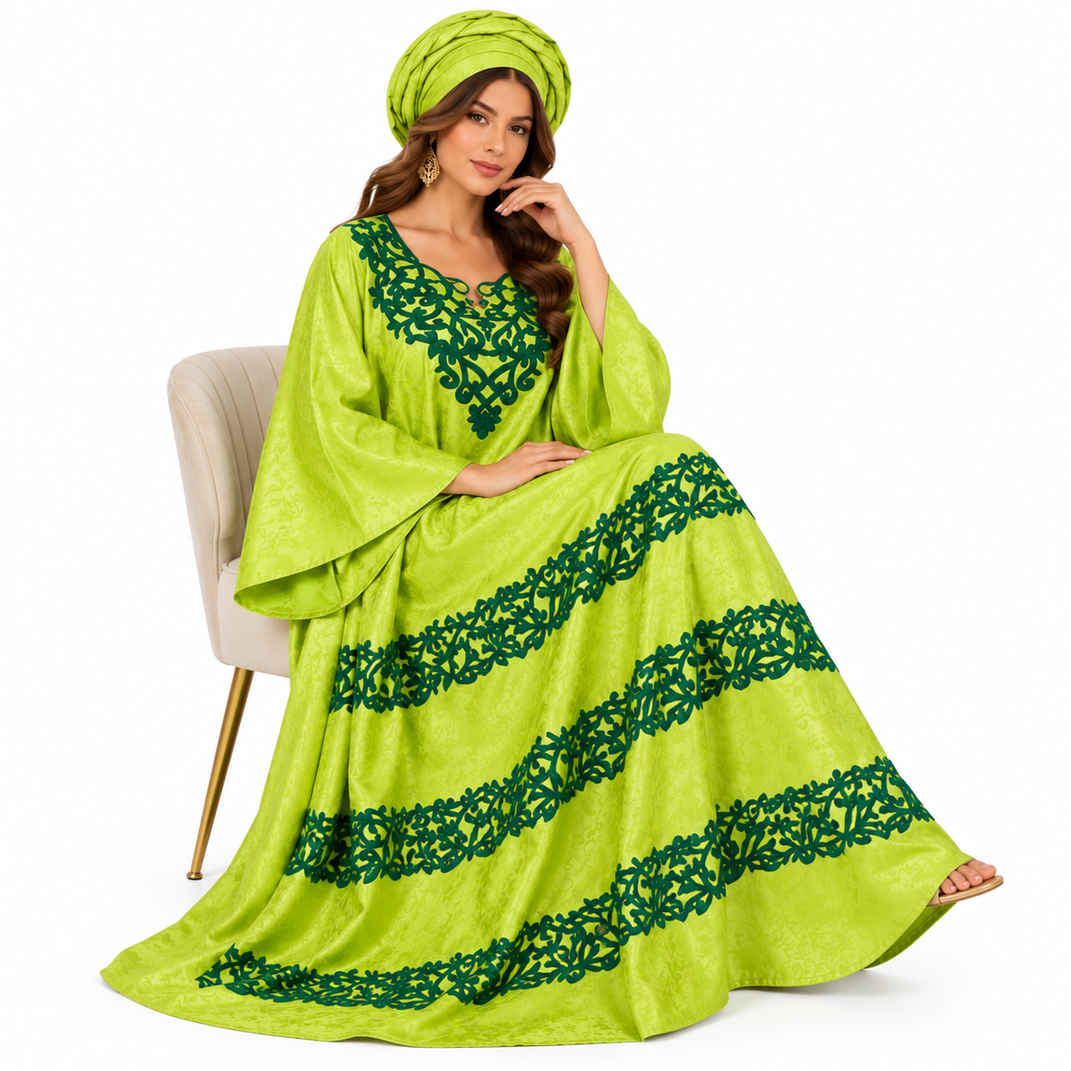 Lime Green Embroidered Flowing Women’s Kaftan-4