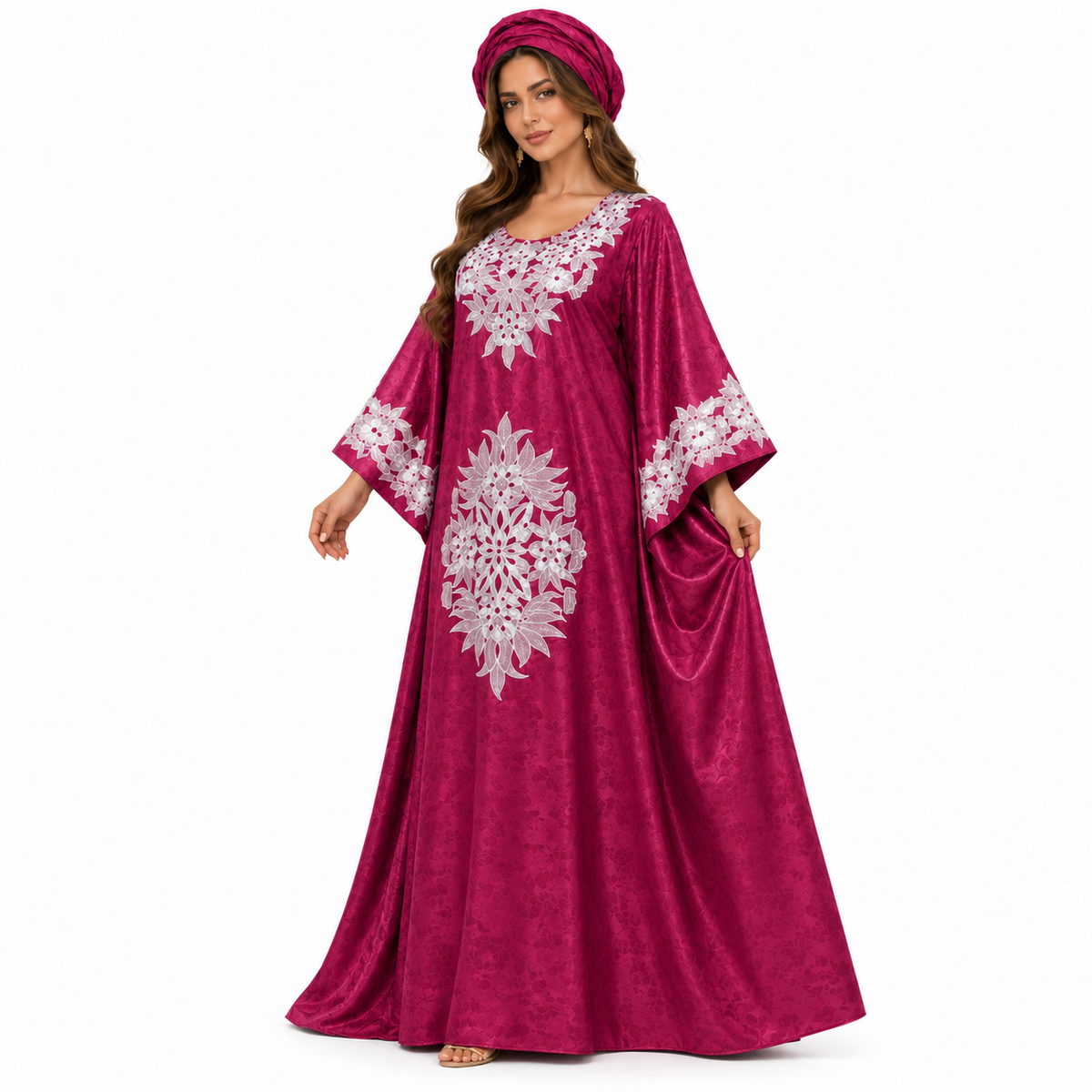 Mehroon Embroidered Moroccan Satin Kaftan Dress-2
