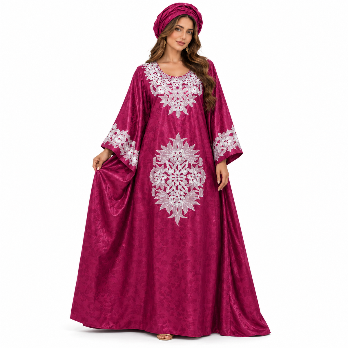 Mehroon Embroidered Moroccan Satin Kaftan Dress-1