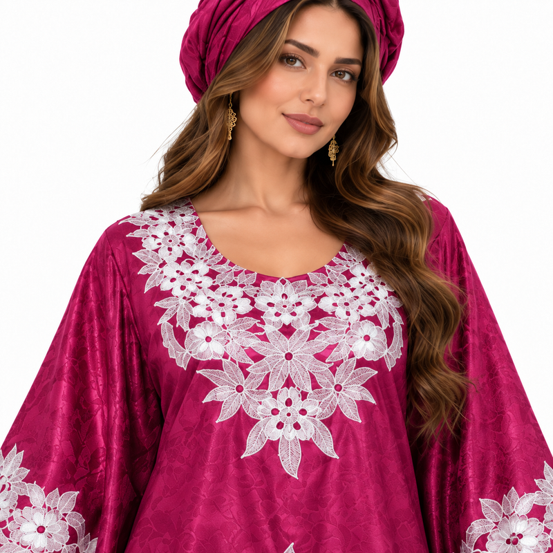 Mehroon Embroidered Moroccan Satin Kaftan Dress-4