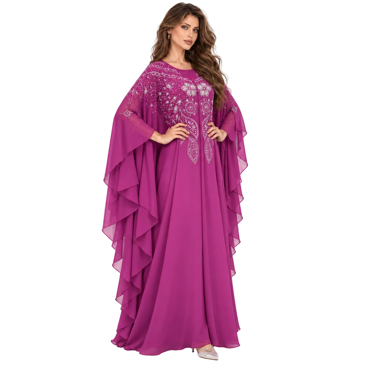 Purple Embellished Chiffon Kaftan Evening Dress-3