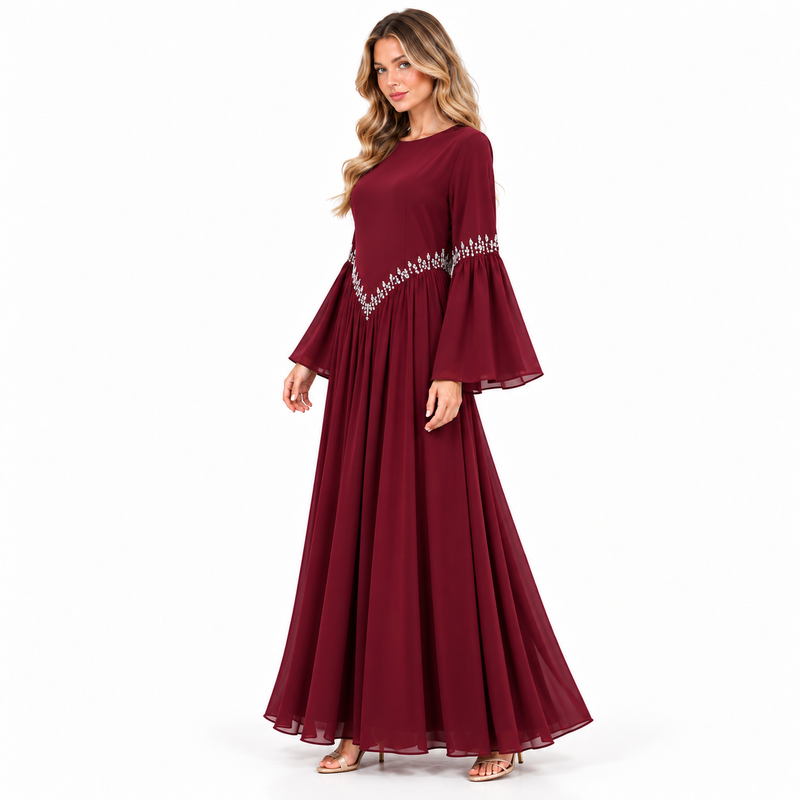 Elegant Wine Red Velvet Kaftan Dress-3