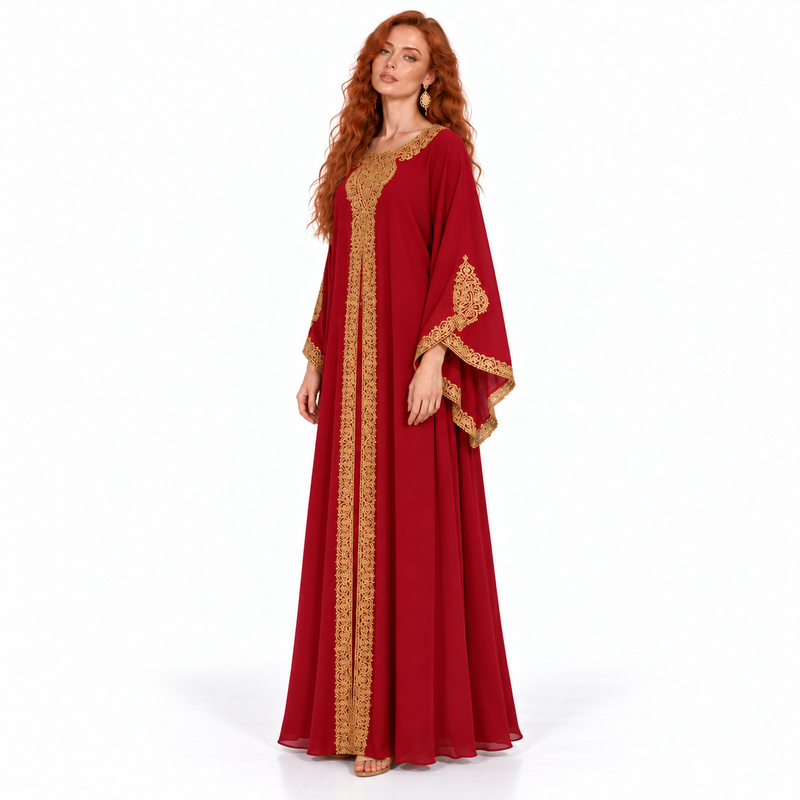 Red Gold Embroidered Luxury Lebaran Kaftan-3
