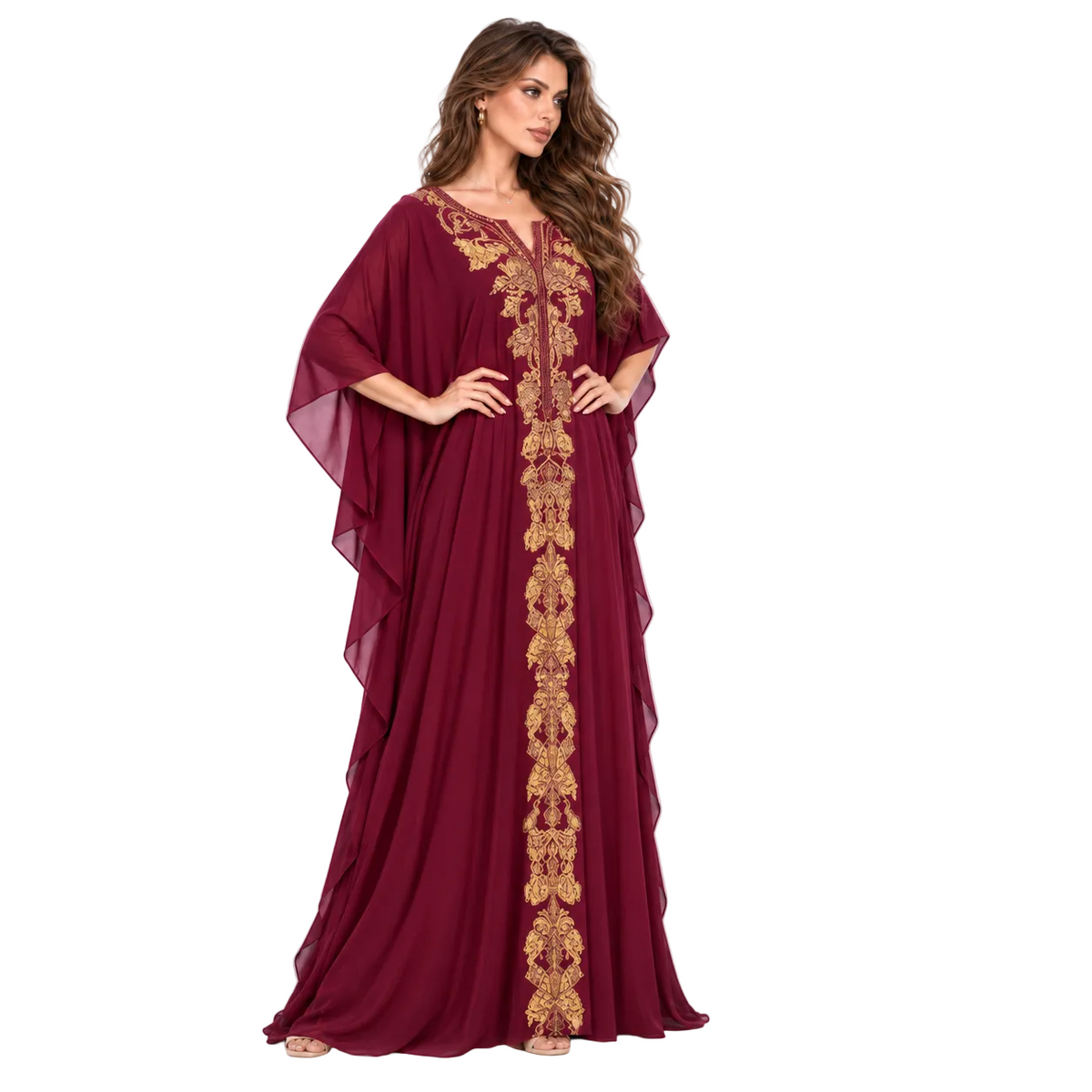 Elegant Burgundy Gold Embroidered Luxury Kaftan-3