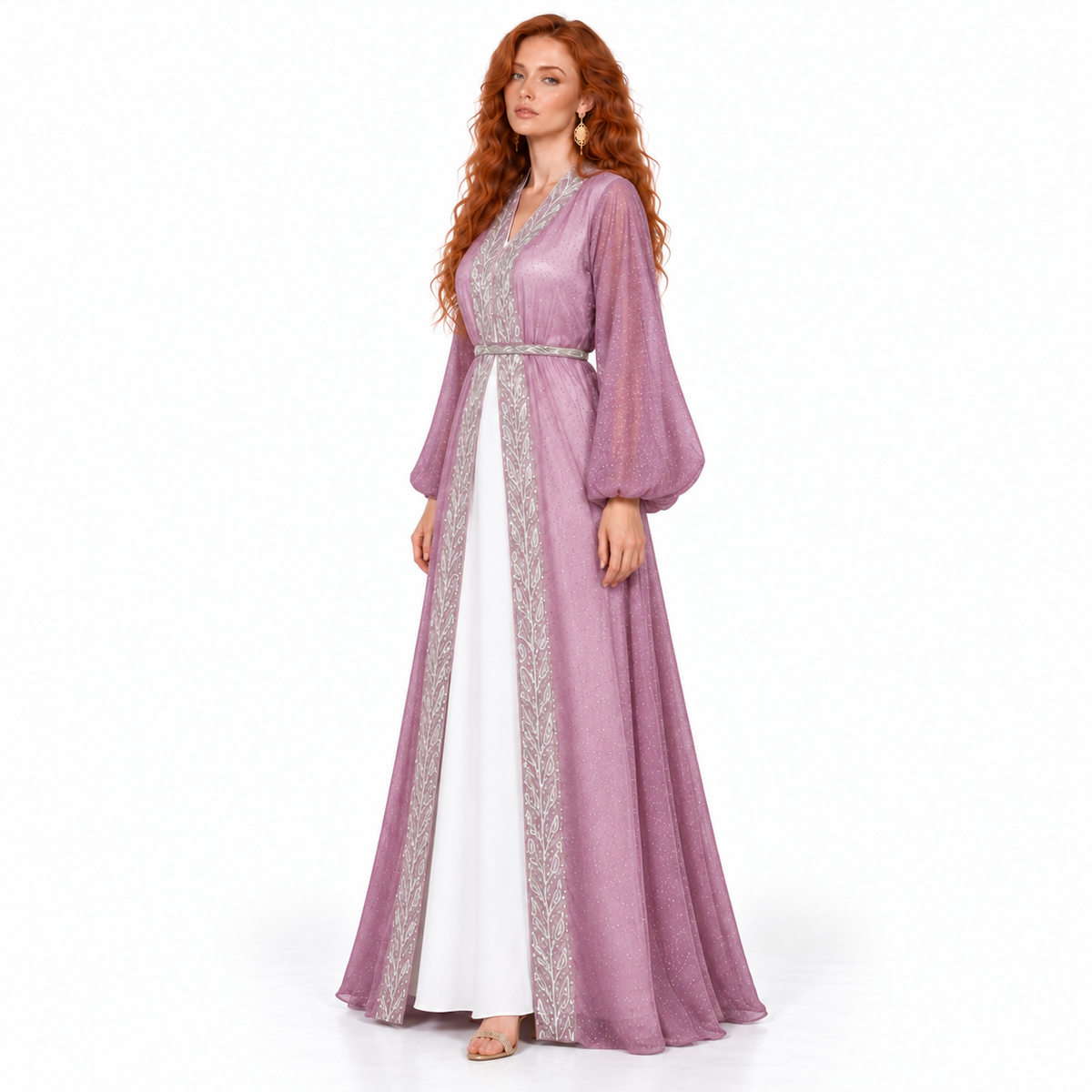 Mauve Silver Embroidered Elegant Lebaran Kaftan-3