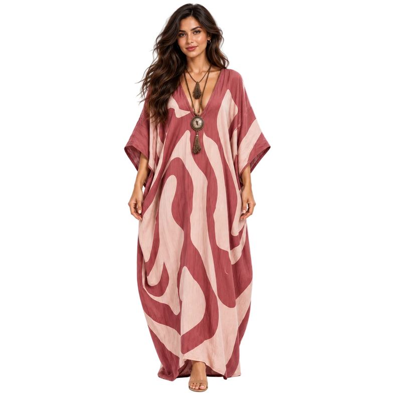 Elegant Rose Abstract Printed Linen Kaftan-1