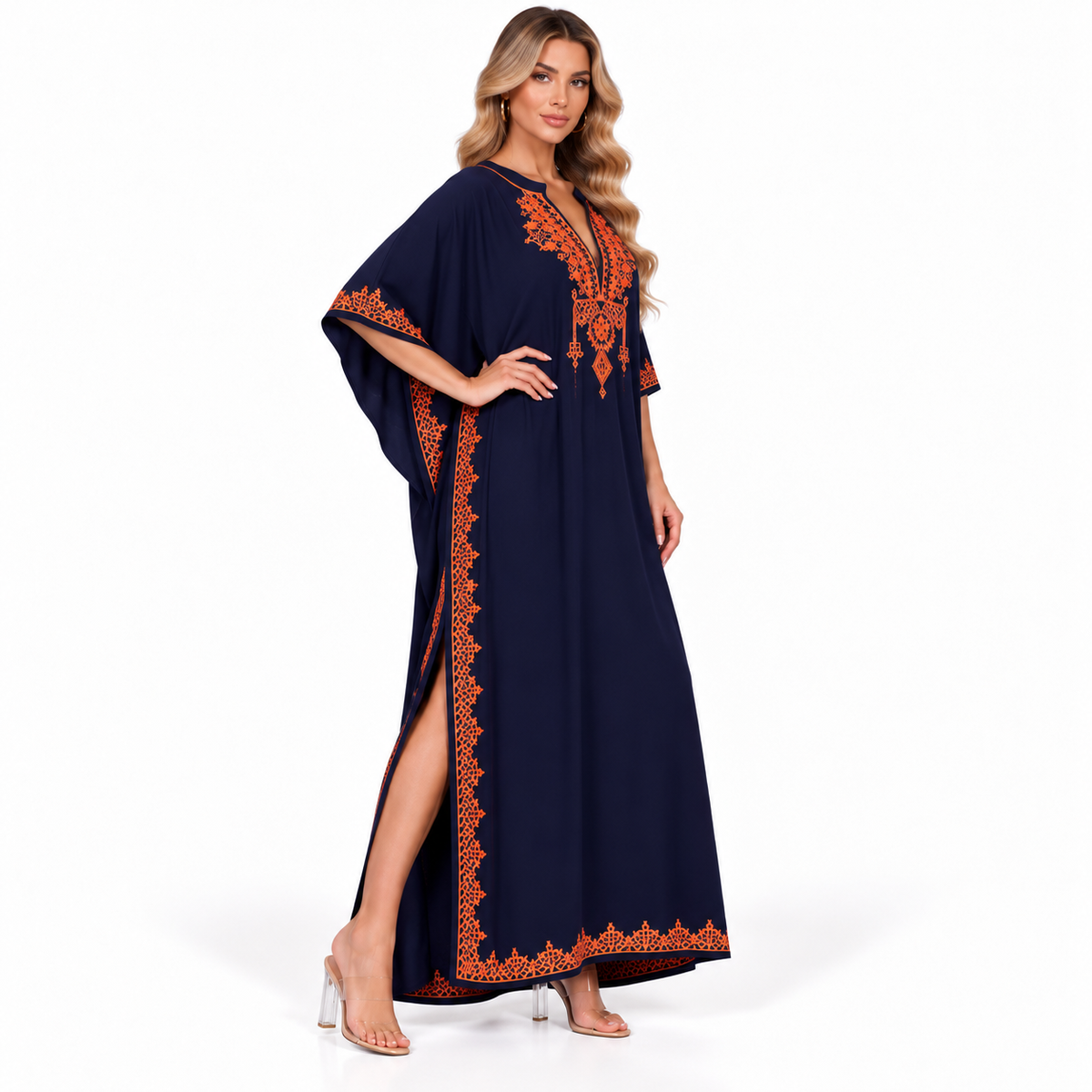 Elegant Navy Blue Embroidered Modern Kaftan-2