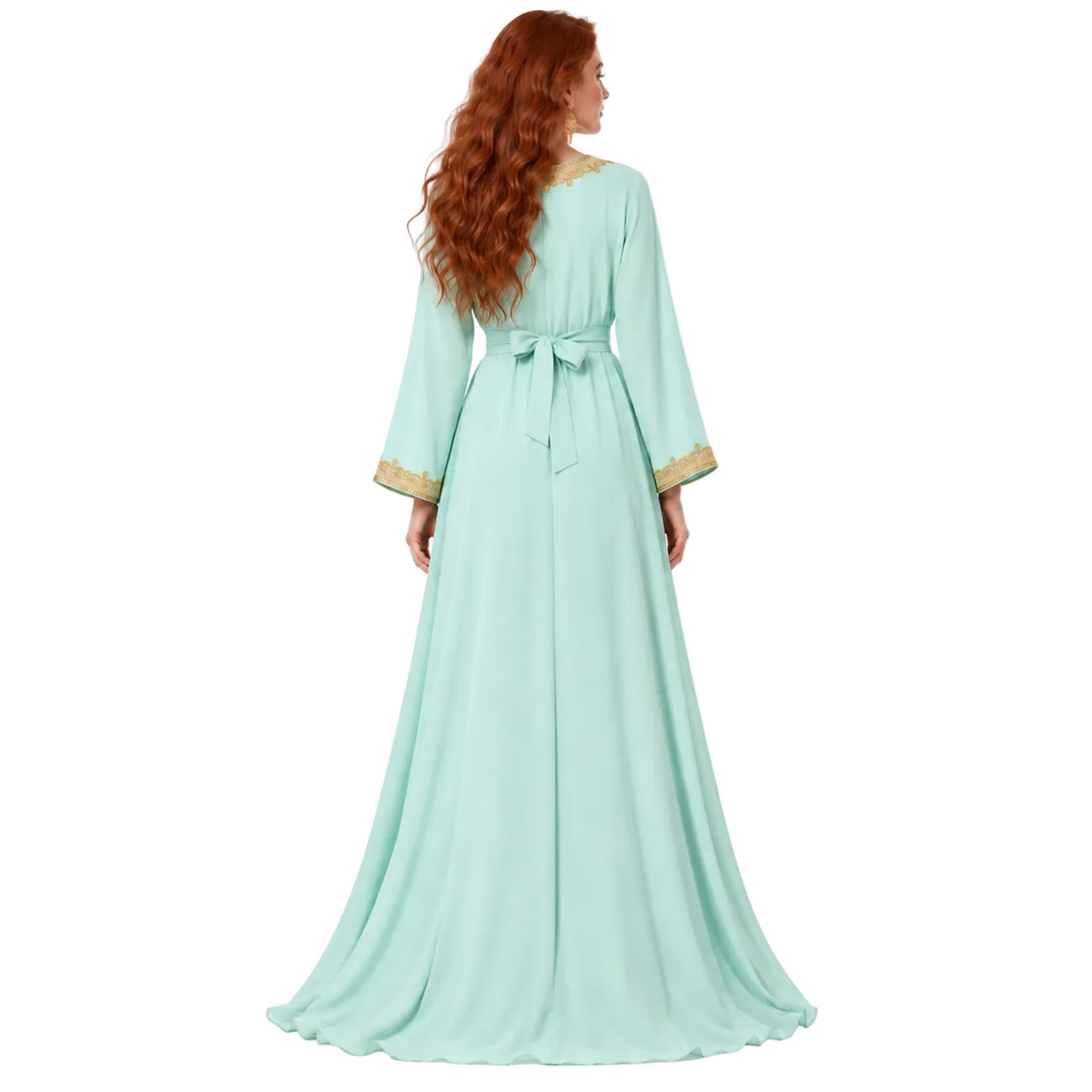 Elegant Light Green Gold Embroidered Lebaran Kaftan-4