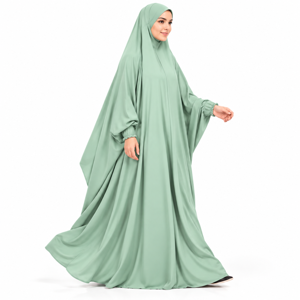 Elegant Green Jilbab With Flowing Sleeves
