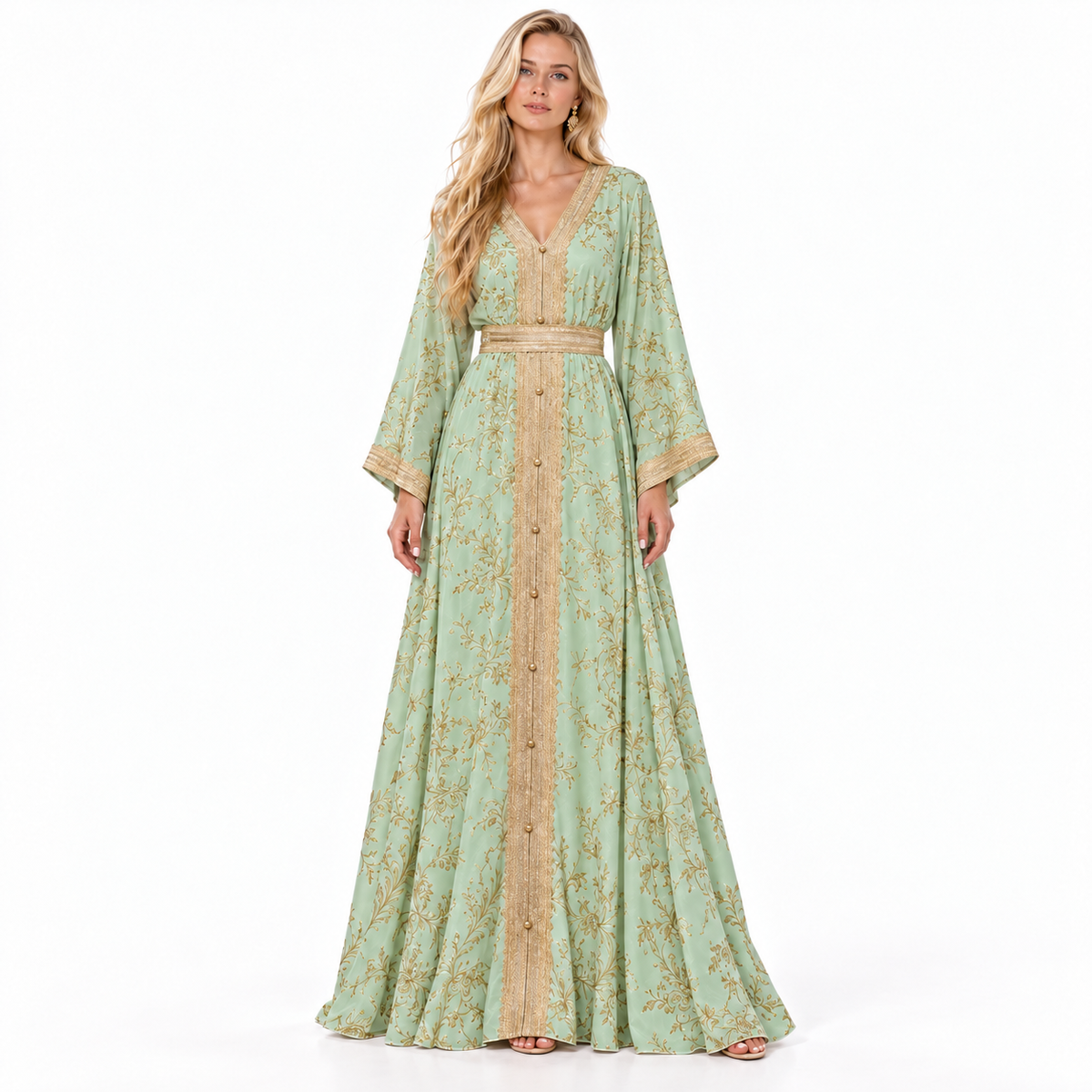 Mint Green Gold Embroidered Gamis Kaftan-1