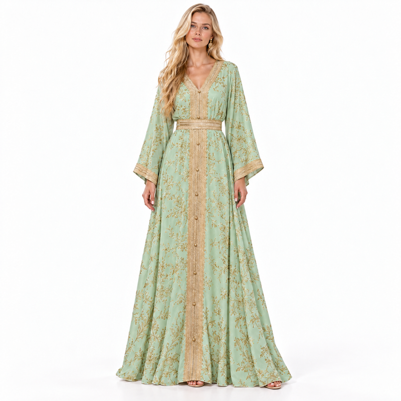 Mint Green Gold Embroidered Gamis Kaftan-1