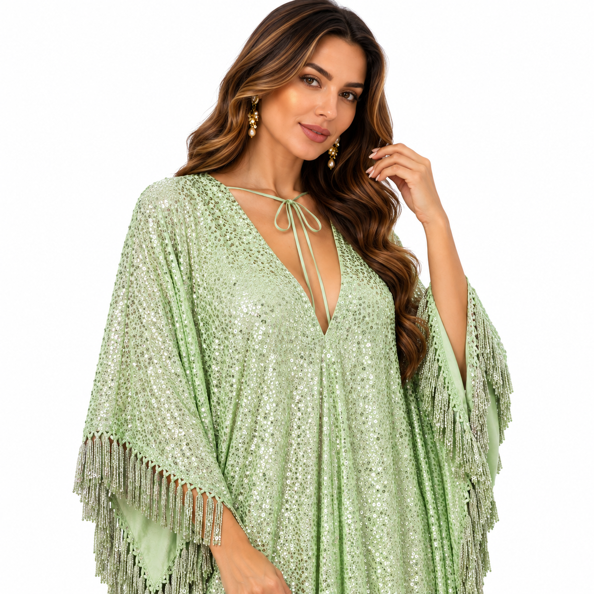 Yellow Green Sequin Fringe Kaftan Dress-4