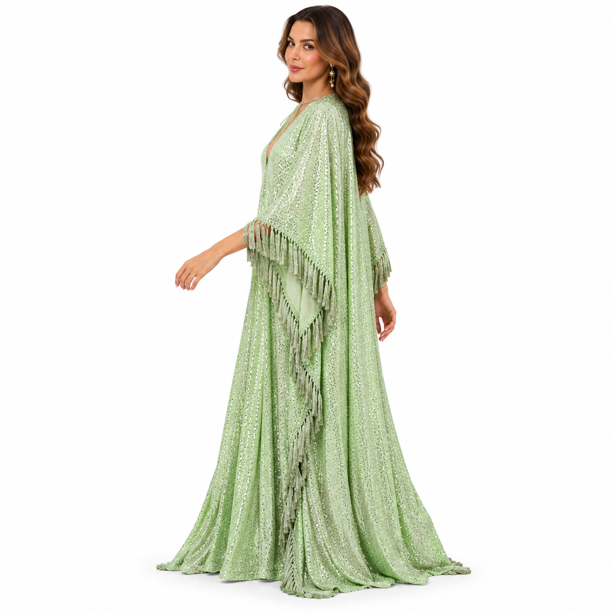 Yellow Green Sequin Fringe Kaftan Dress-3