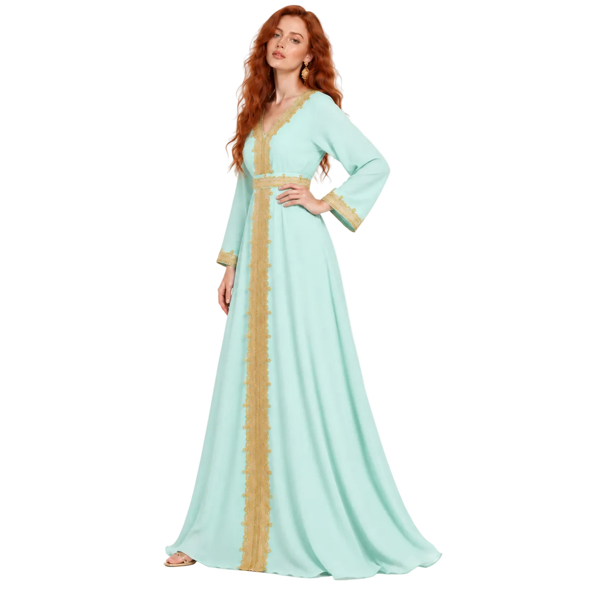 Elegant Light Green Gold Embroidered Lebaran Kaftan-3