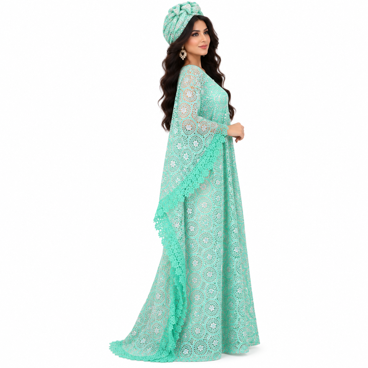 Green Lace Flowing Moroccan Kaftan Dress-3