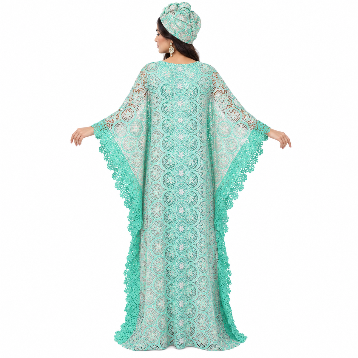Green Lace Flowing Moroccan Kaftan Dress-4