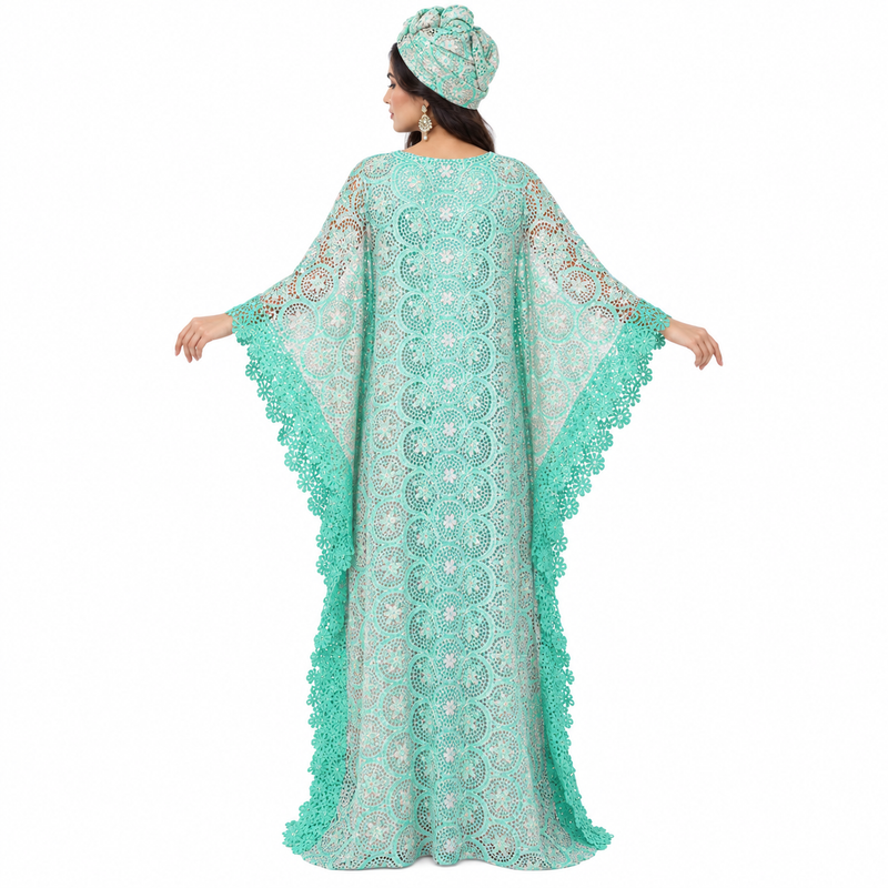 Green Lace Flowing Moroccan Kaftan Dress-4
