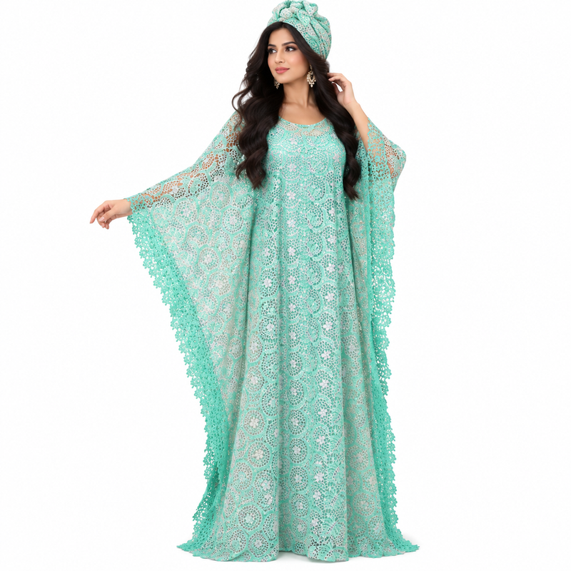 Green Lace Flowing Moroccan Kaftan Dress-1