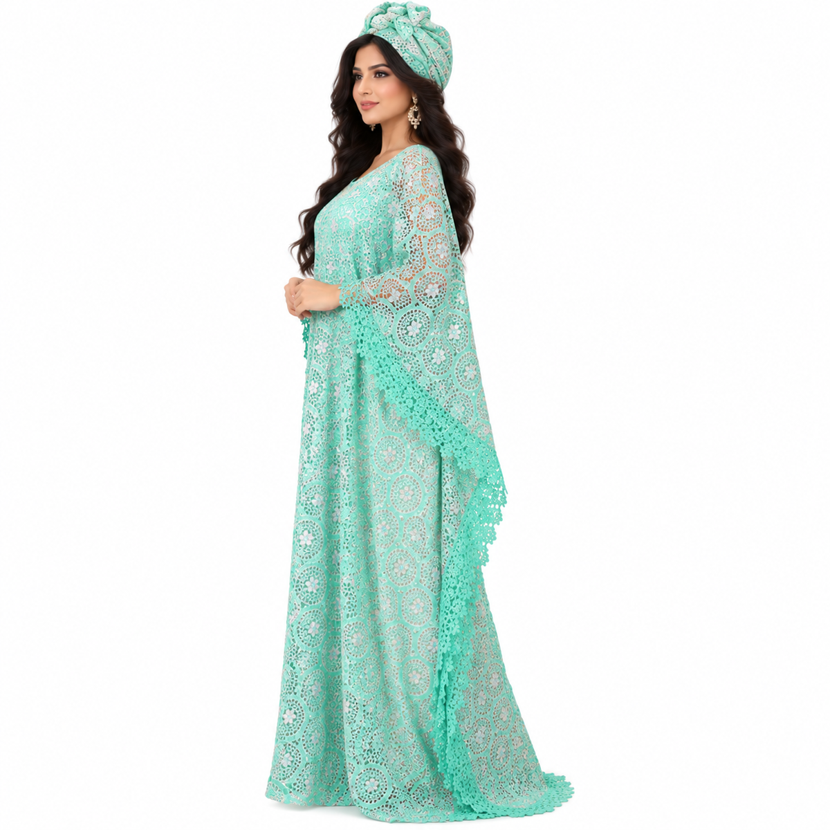 Green Lace Flowing Moroccan Kaftan Dress-2