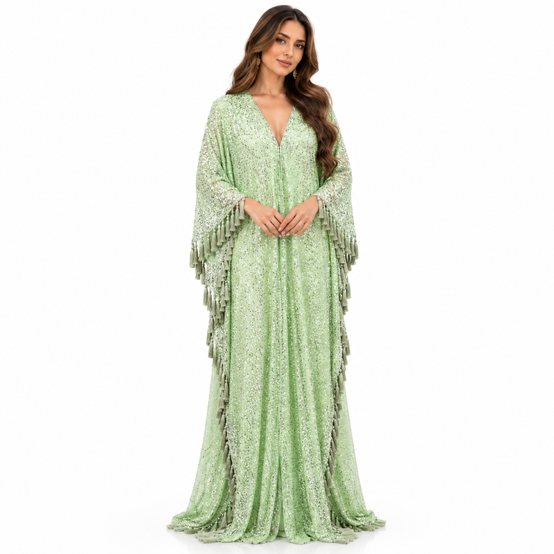 Yellow Green Sequin Fringe Kaftan Dress-1