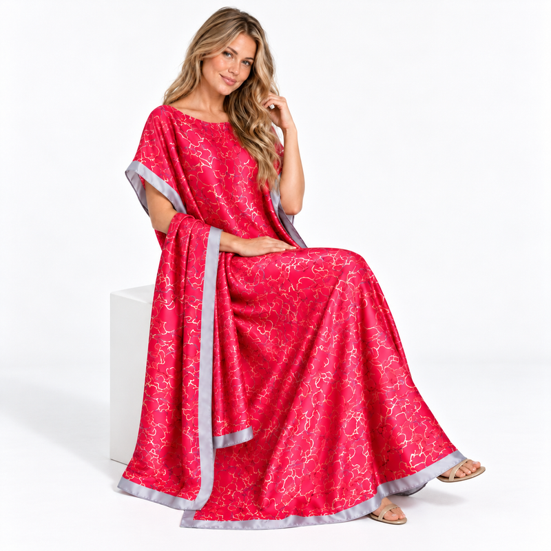 Rose Red Printed Silk Satin Kaftan-3