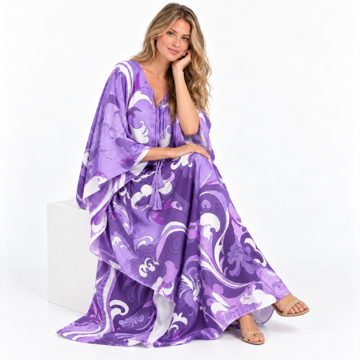 Purple Floral Print Silk Satin Kaftan-2