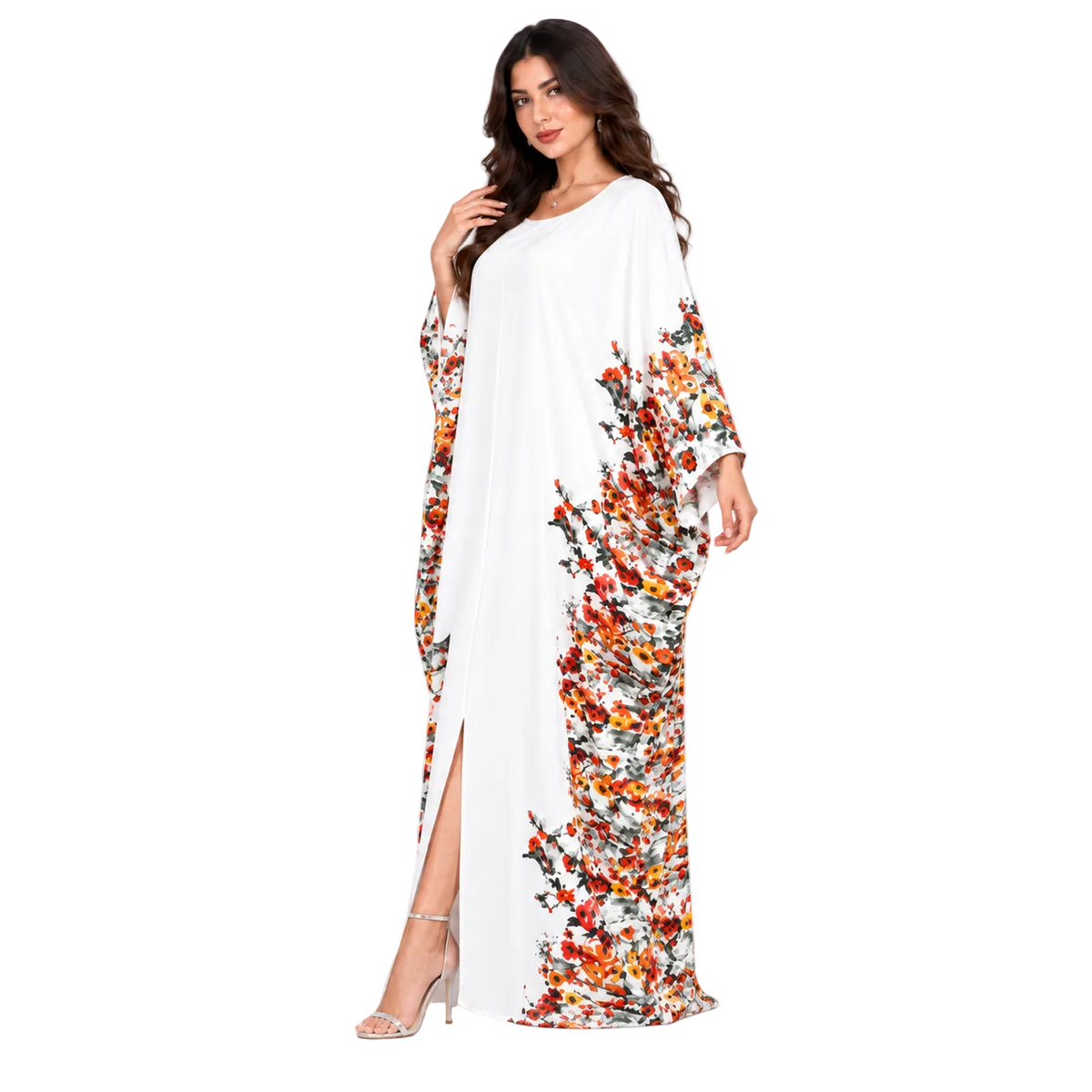 Elegant White Floral Print Batwing Kaftan-3