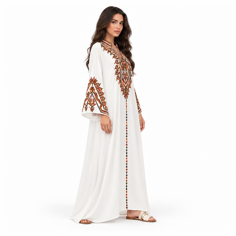 White Kaftan Elegant Embroidered Maxi Dress-3