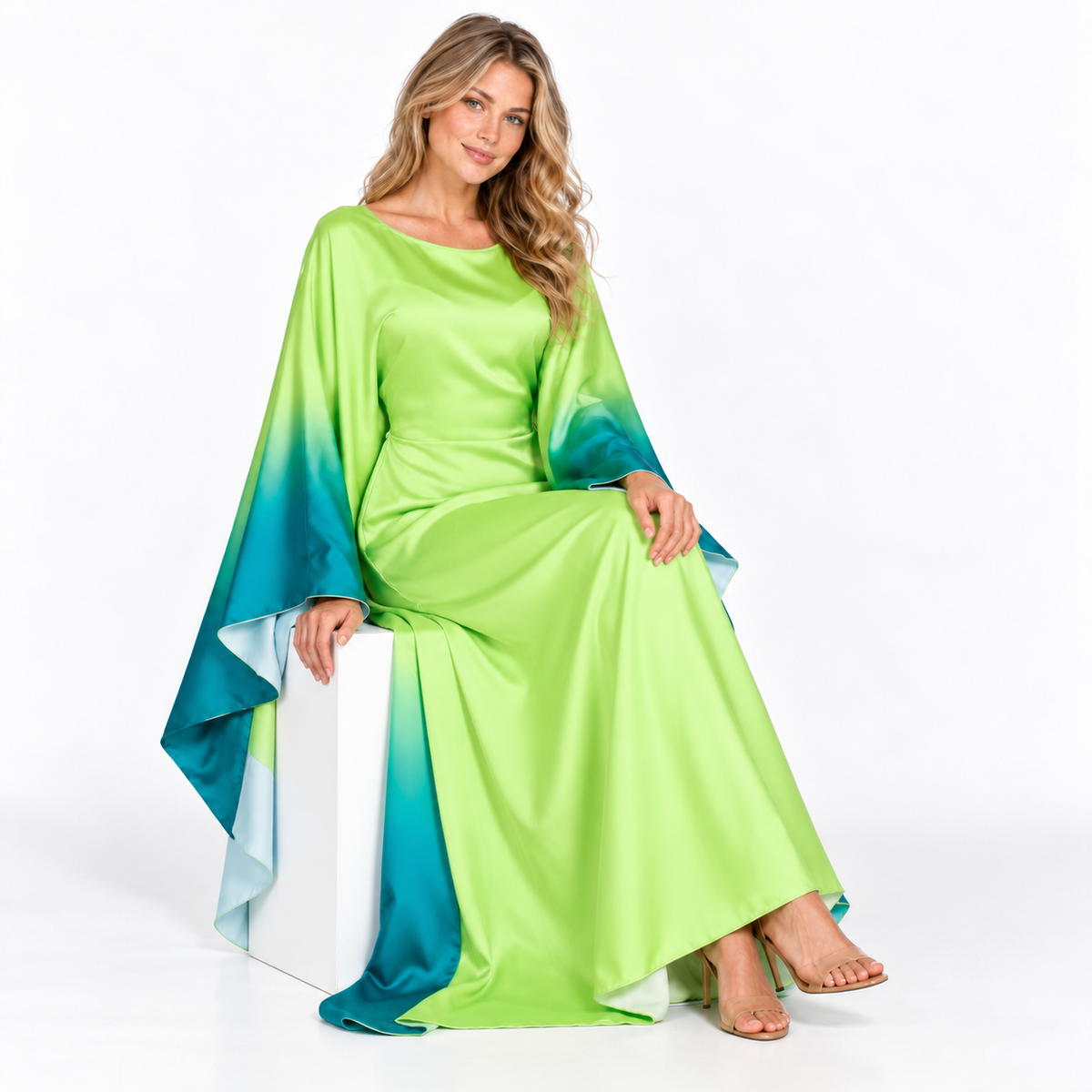 Grass Green Ombre Silk Satin Kaftan-3