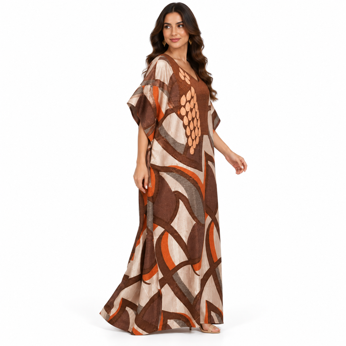Brown Rust Abstract Print Flowing Kaftan-2