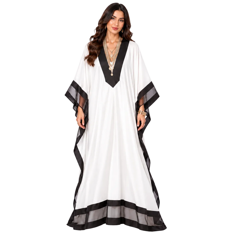 Elegant White Black Trim Batwing Kaftan-1