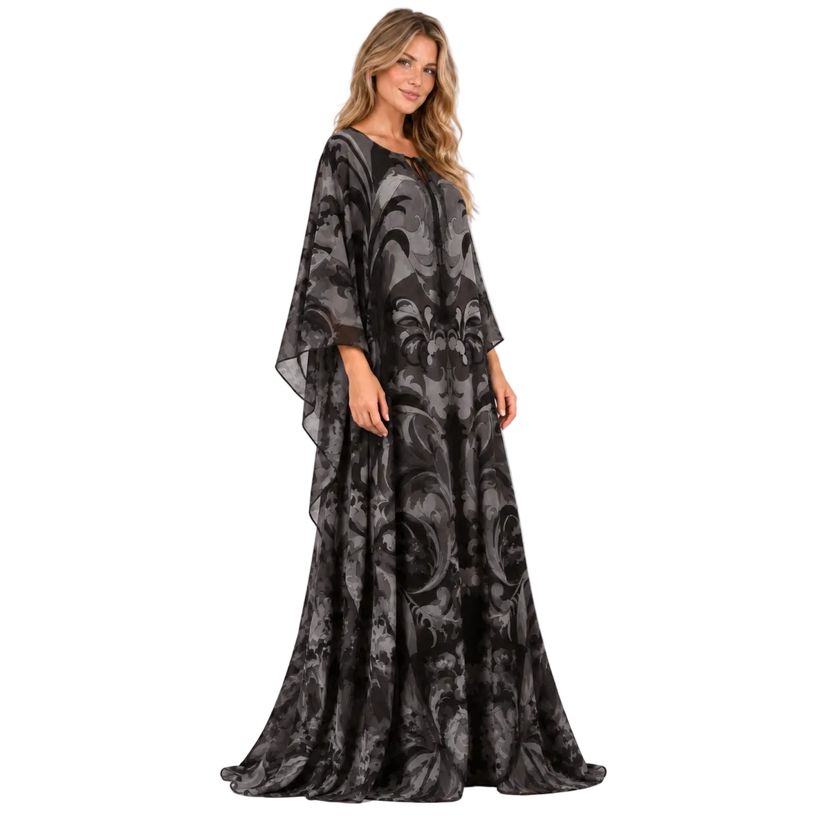 Black Floral Print Silk Satin Kaftan-3