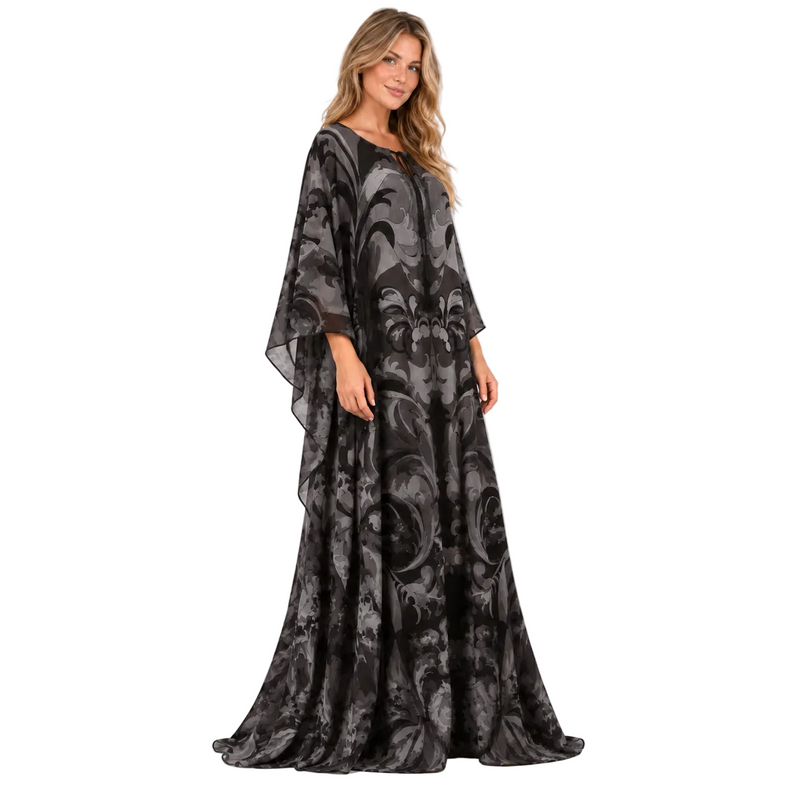 Black Floral Print Silk Satin Kaftan-3