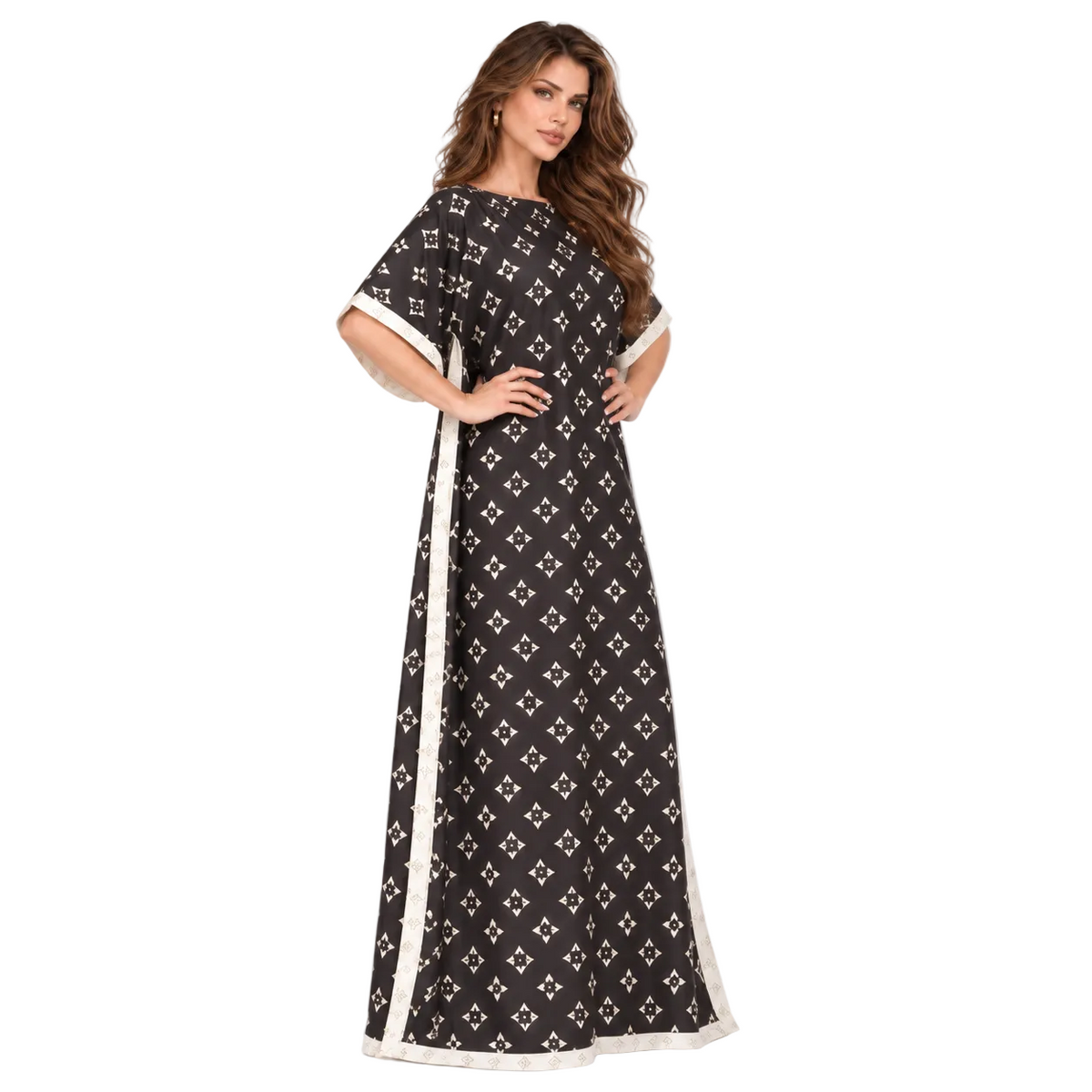 Elegant Black Monogram Stole Kaftan Dress-3